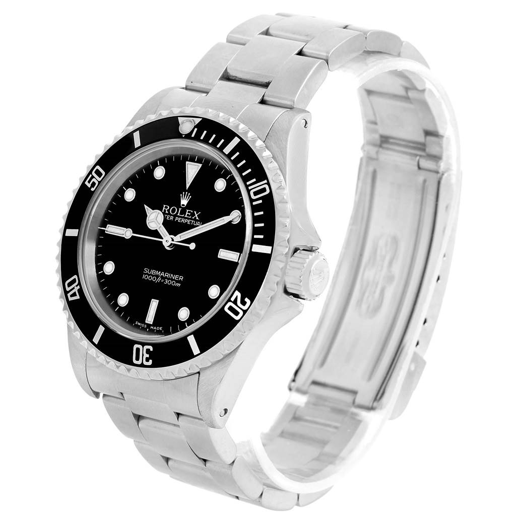 The image shows a Rolex Submariner 14060 Men
s Stainless Steel Black Dial 14060 Men
s Stainless Steel Black Dial watch angled slightly from the top-left, displaying its face, bezel, and bracelet.