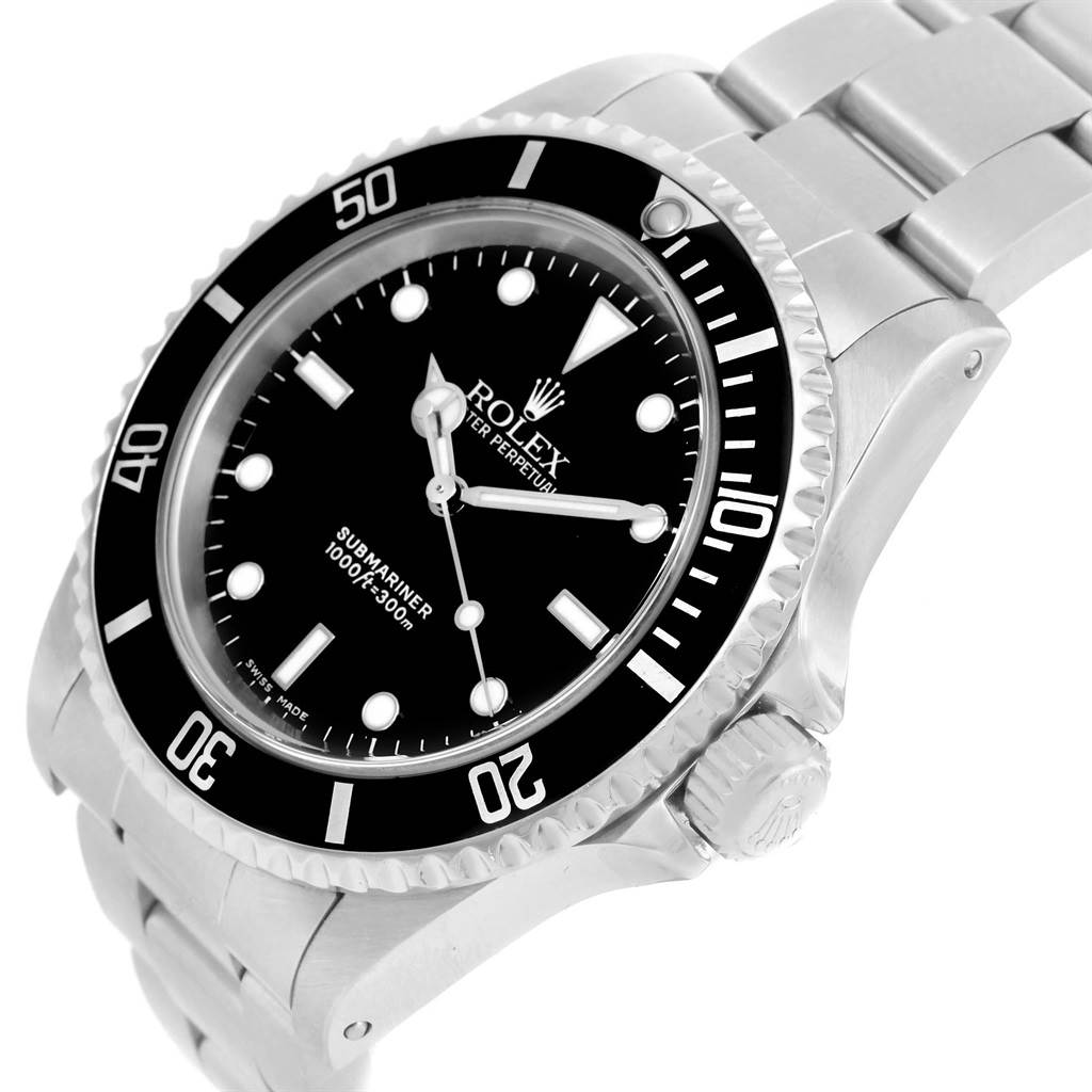 The image shows a Rolex Submariner 14060 Men
s Stainless Steel Black Dial 14060 Men
s Stainless Steel Black Dial watch from a front angle, highlighting its bezel, dial, crown, and bracelet.