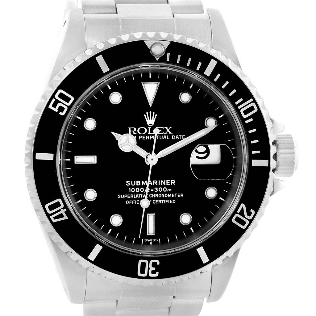 This image shows a Rolex Submariner 16610 Men
s Stainless Steel Black Dial 16610 Men
s Stainless Steel Black Dial watch from a front angle, highlighting its dial, bezel, and bracelet.