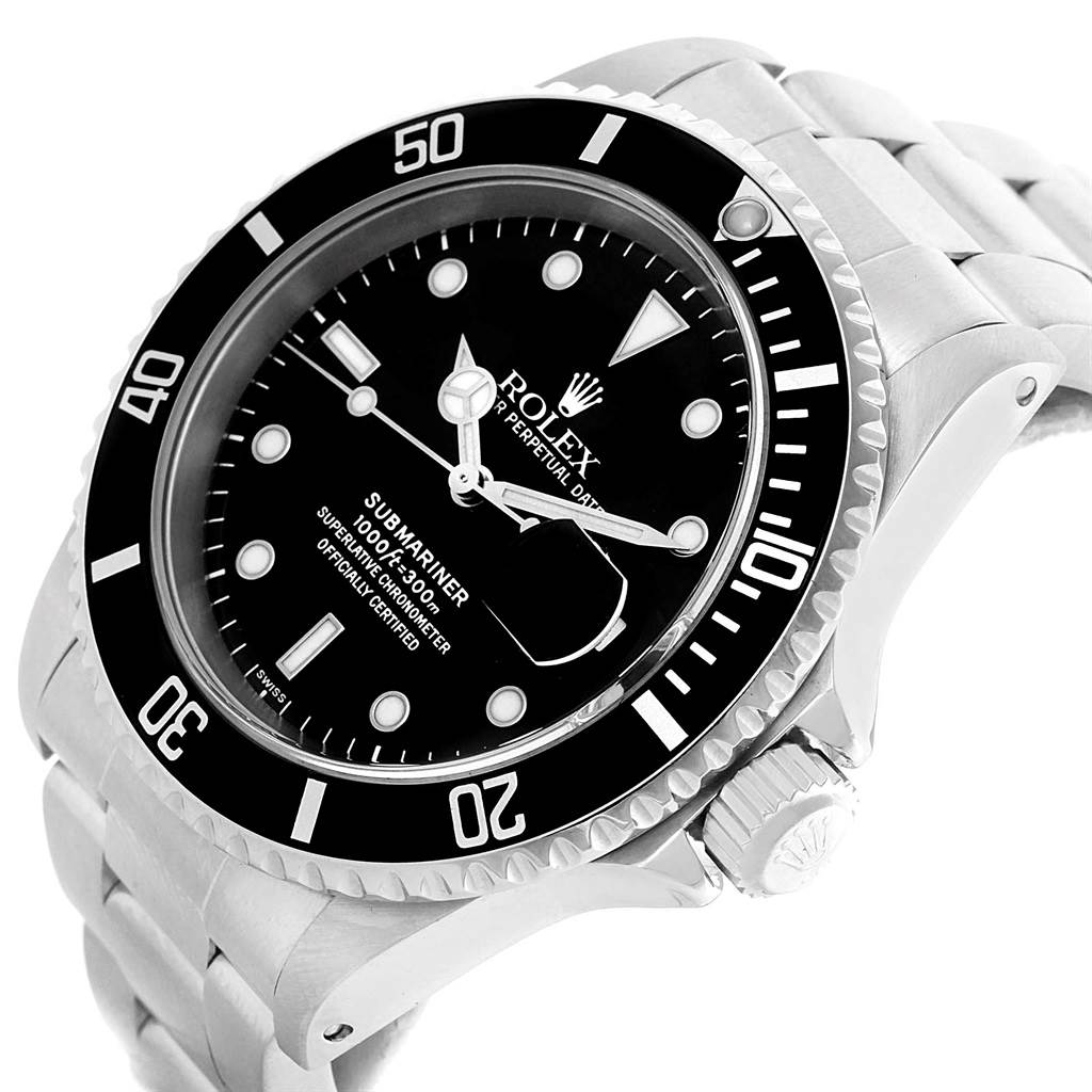 The image shows a close-up angle of the Rolex Submariner 16610 Men
s Stainless Steel Black Dial 16610 Men
s Stainless Steel Black Dial watch, focusing on the dial, bezel, and bracelet.