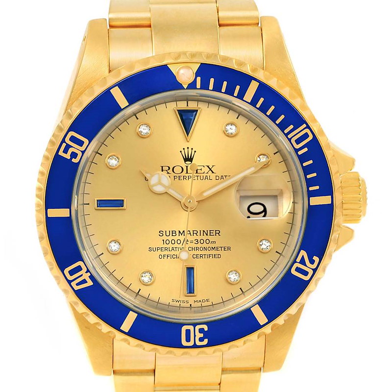 Rolex Submariner Yellow Gold Diamond Sapphire Serti Dial Watch 16618 SwissWatchExpo