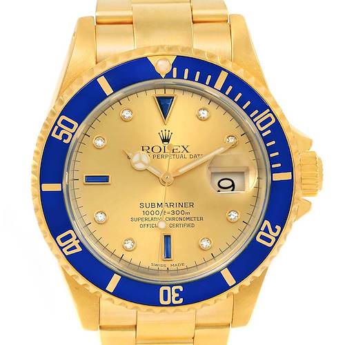Photo of Rolex Submariner Yellow Gold Diamond Sapphire Serti Dial Watch 16618
