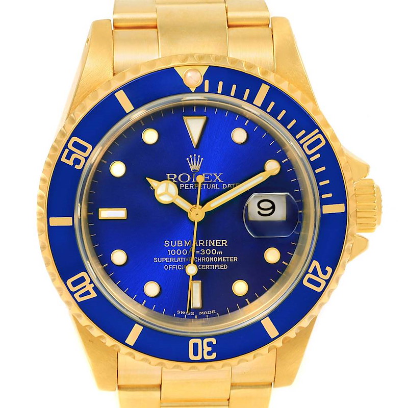 Rolex Submariner 18k Yellow Gold Blue Dial Mens Watch 16618 SwissWatchExpo