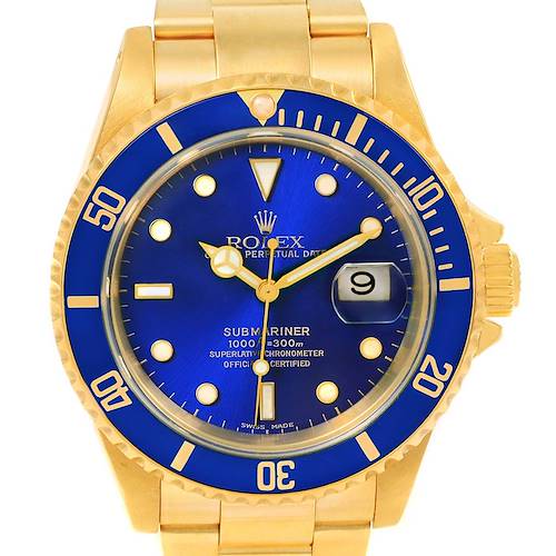 Photo of Rolex Submariner 18k Yellow Gold Blue Dial Mens Watch 16618