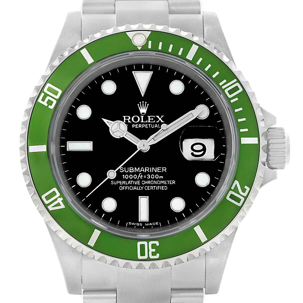 This is a frontal view of the Rolex Submariner 16610LV Men
s Stainless Steel Black Dial 16610LV Men
s Stainless Steel Black Dial showcasing the green bezel, black dial, and stainless steel bracelet.
