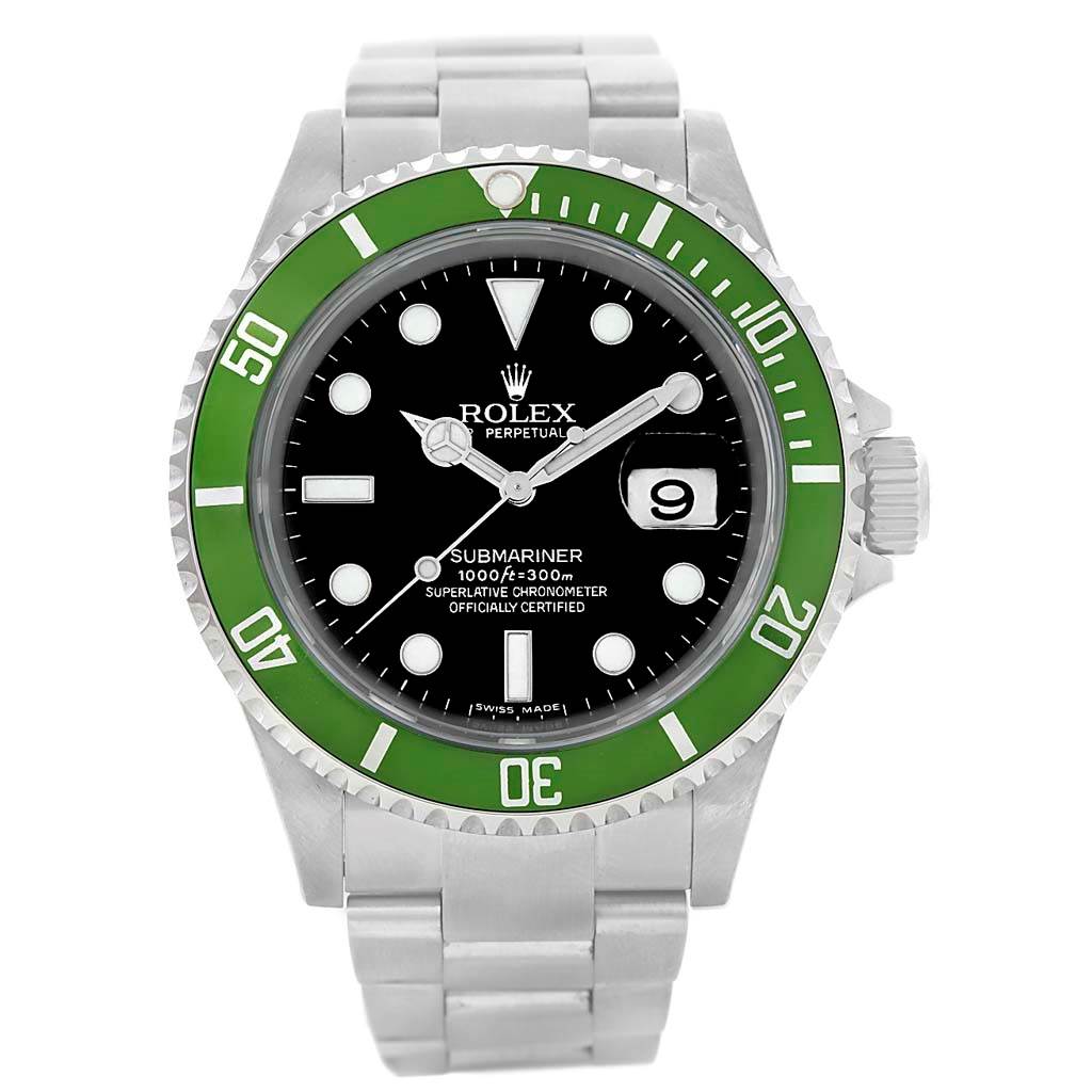 This image shows a Rolex Submariner 16610LV Men
s Stainless Steel Black Dial 16610LV Men
s Stainless Steel Black Dial watch front view, featuring its bezel, dial, hands, crown, and bracelet.