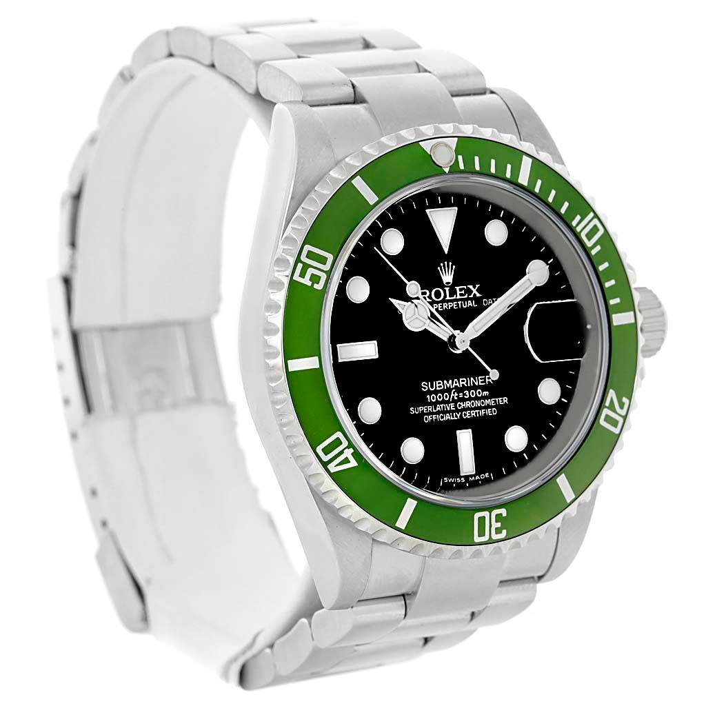 The image shows a Rolex Submariner 16610LV Men
s Stainless Steel Black Dial 16610LV Men
s Stainless Steel Black Dial watch from an angled view, highlighting the bracelet, bezel, dial, and crown.