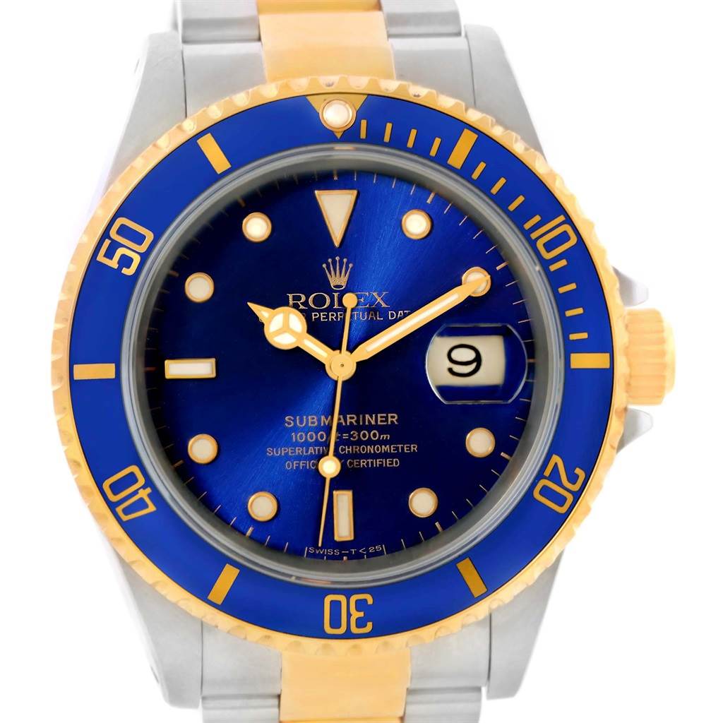 The image shows a front view of a Rolex Submariner 16613 Men's Steel and Gold (two tone) Blue Dial 16613 Men's Steel and Gold (two tone) Blue Dial watch, highlighting its blue bezel, blue dial, and gold accents.