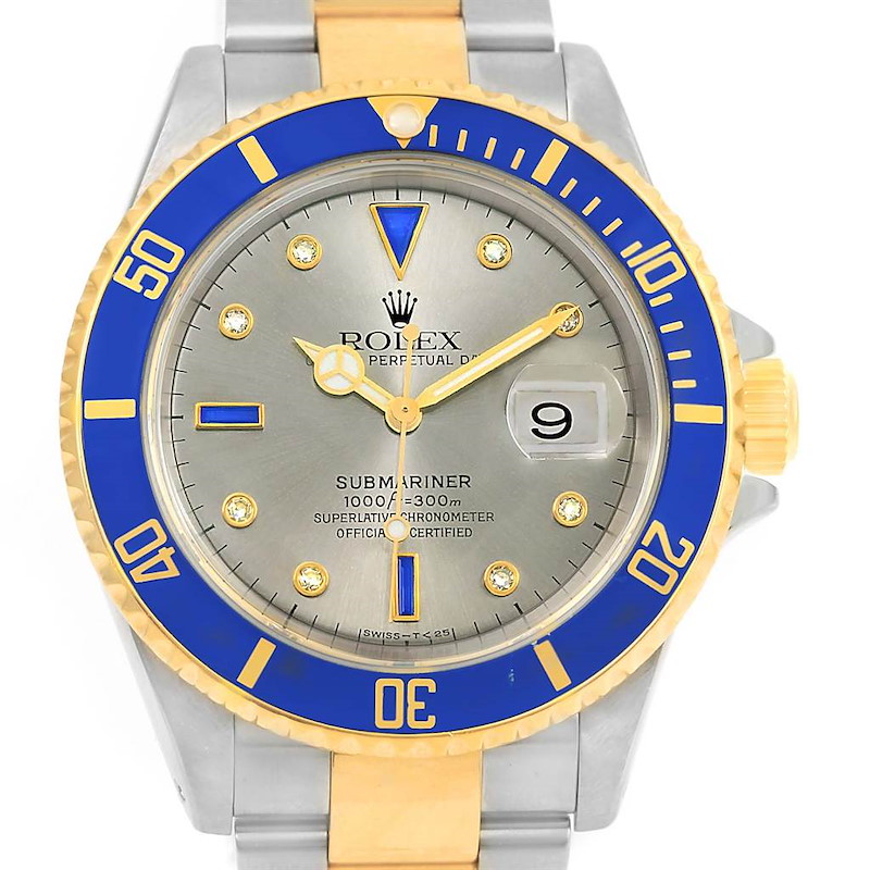 Rolex Submariner Steel Gold Diamond Sapphire Slate Serti Mens Watch 16613 SwissWatchExpo