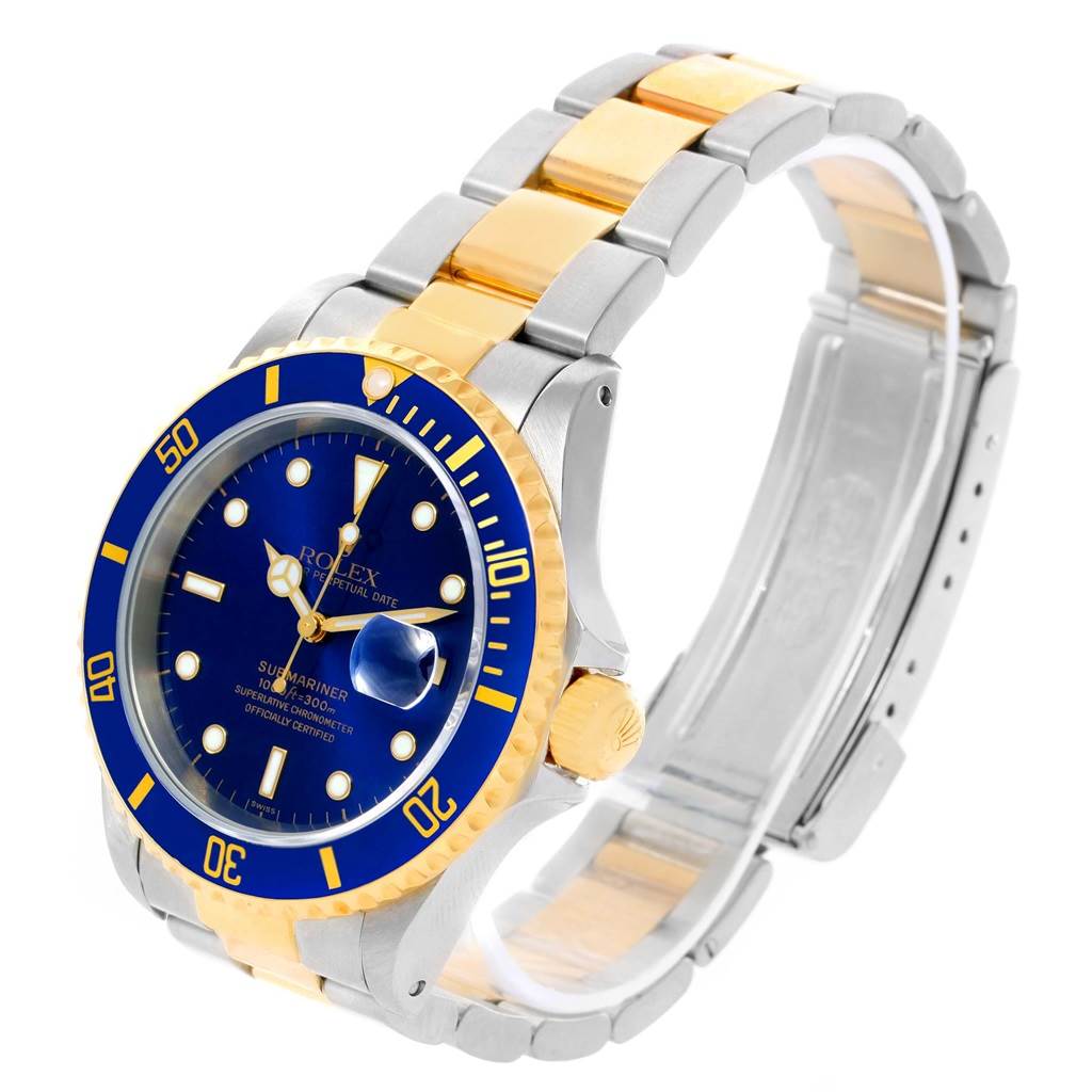 The image shows a Rolex Submariner 16613 Men's Steel and Gold (two tone) Blue Dial 16613 Men's Steel and Gold (two tone) Blue Dial watch from an angled side view, highlighting the bezel, dial, and bracelet.