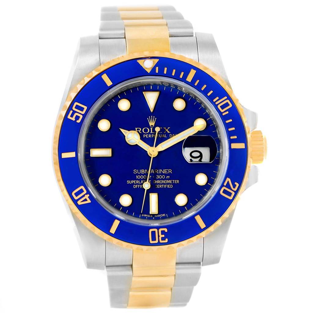 This image shows a frontal view of the Rolex Submariner 116613 Men's Steel and Gold (two tone) Blue Dial 116613 Men's Steel and Gold (two tone) Blue Dial watch featuring a blue dial, gold accents, and a stainless steel and gold bracelet.