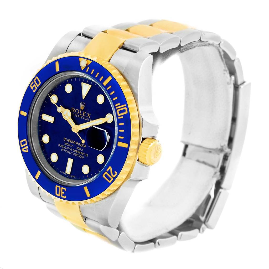 This Rolex Submariner 116613 Men's Steel and Gold (two tone) Blue Dial 116613 Men's Steel and Gold (two tone) Blue Dial watch is shown at an angled side view, highlighting its blue bezel, dial, and two-tone metal strap.