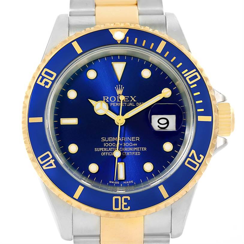 This image shows a front view of the Rolex Submariner 16613 Men's Steel and Gold (two tone) Blue Dial 16613 Men's Steel and Gold (two tone) Blue Dial watch, highlighting its blue dial, date window, and two-tone metal bracelet.