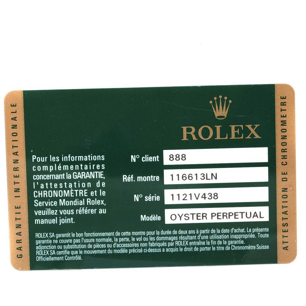 This image shows the warranty card for a Rolex Submariner 116613 Men
s Steel and Gold (two tone) Black Dial 116613 Men
s Steel and Gold (two tone) Black Dial model 116613LN.