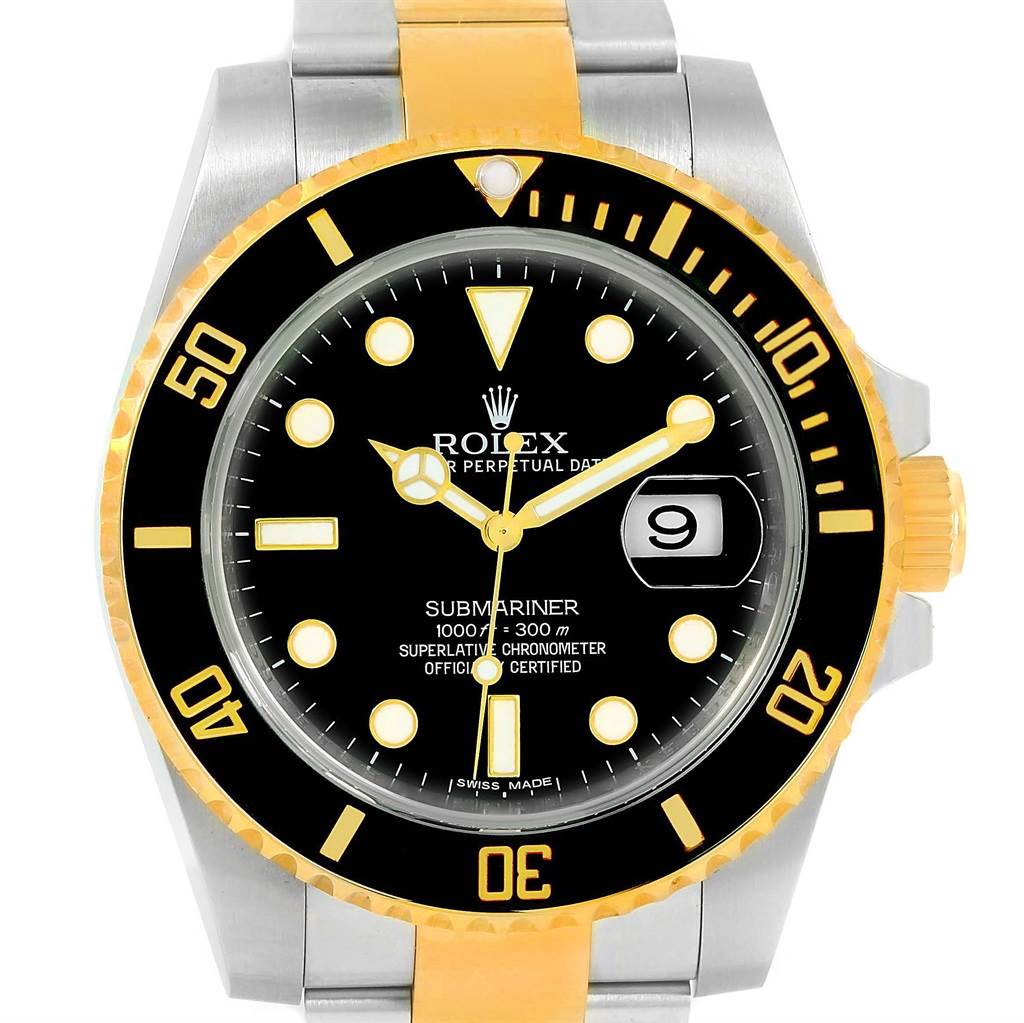 This image shows a front view of a Rolex Submariner 116613 Men
s Steel and Gold (two tone) Black Dial 116613 Men
s Steel and Gold (two tone) Black Dial watch, highlighting the dial, bezel, crown, and part of the bracelet.