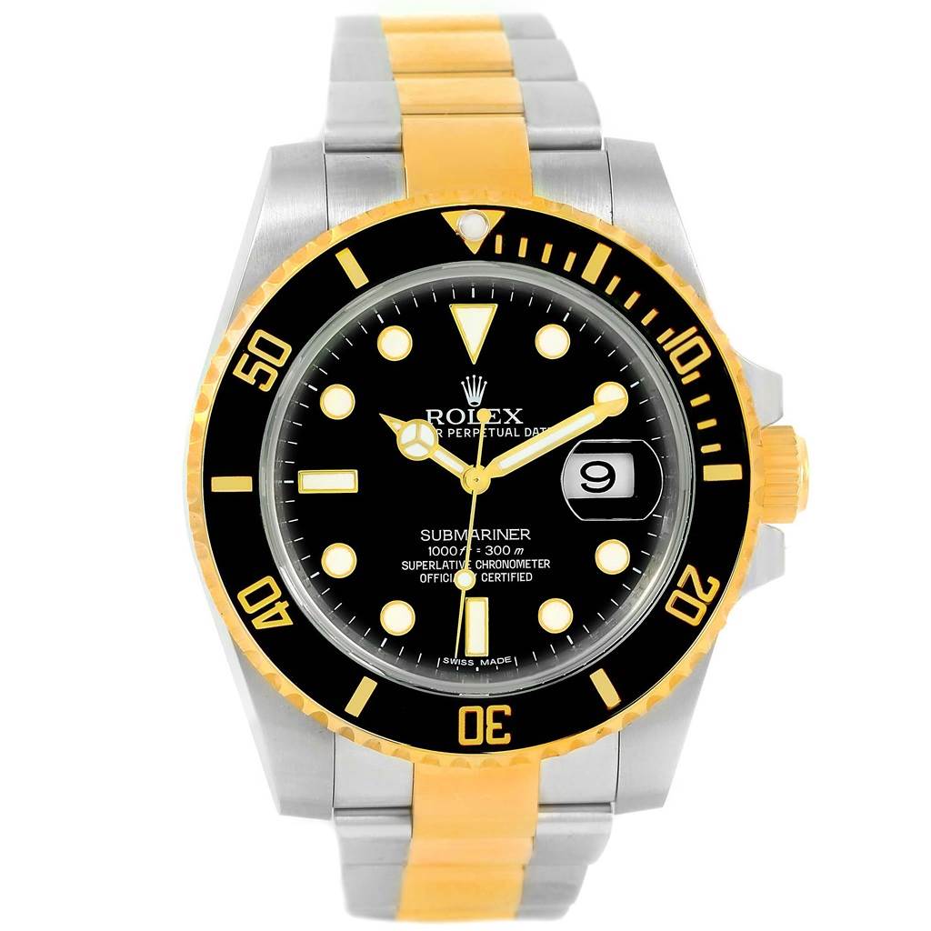 This image shows a frontal view of a Rolex Submariner 116613 Men
s Steel and Gold (two tone) Black Dial 116613 Men
s Steel and Gold (two tone) Black Dial watch, displaying its face, bezel, and part of the bracelet.