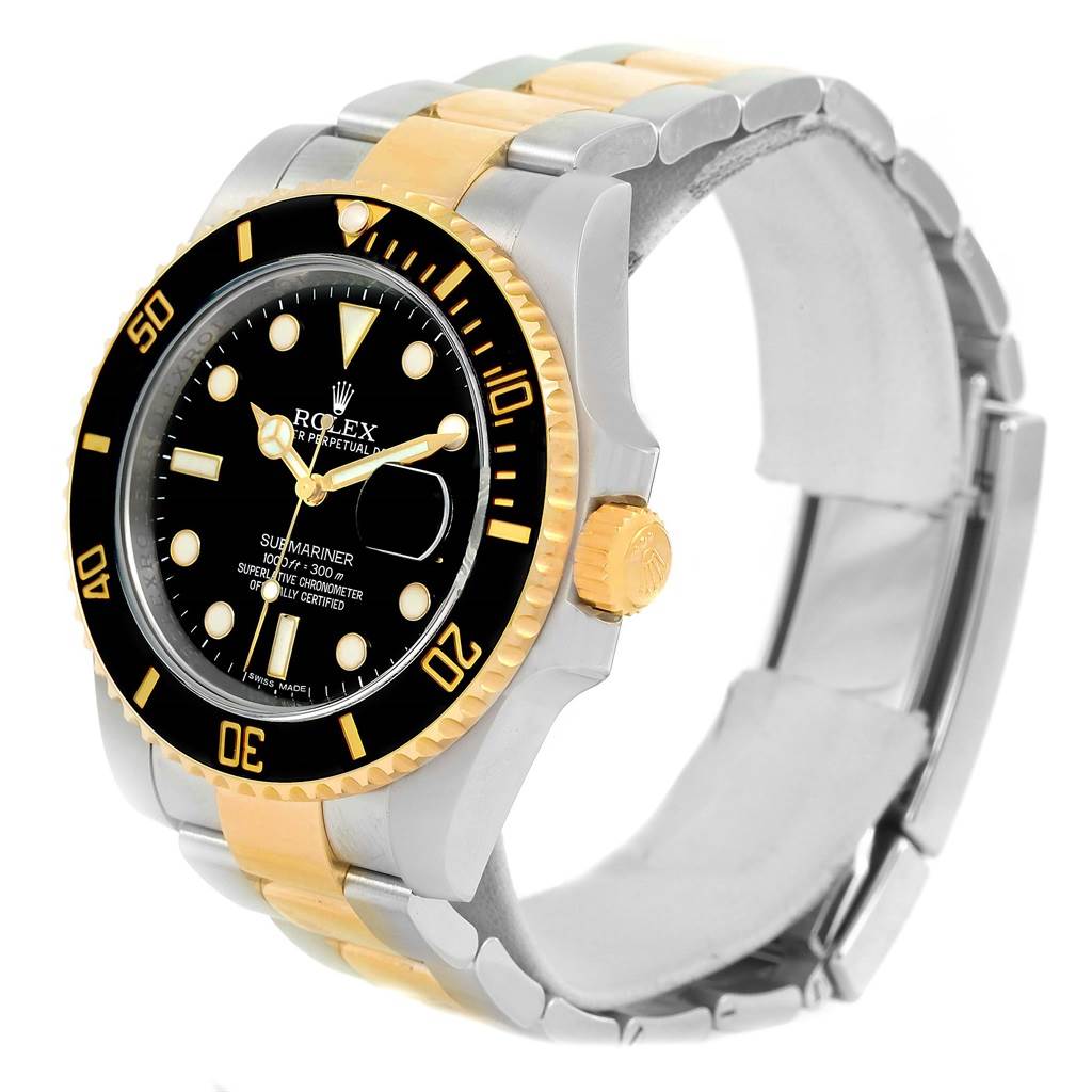 The image shows a Rolex Submariner 116613 Men
s Steel and Gold (two tone) Black Dial 116613 Men
s Steel and Gold (two tone) Black Dial watch at an angled side view, displaying the bezel, dial, crown, and bracelet.