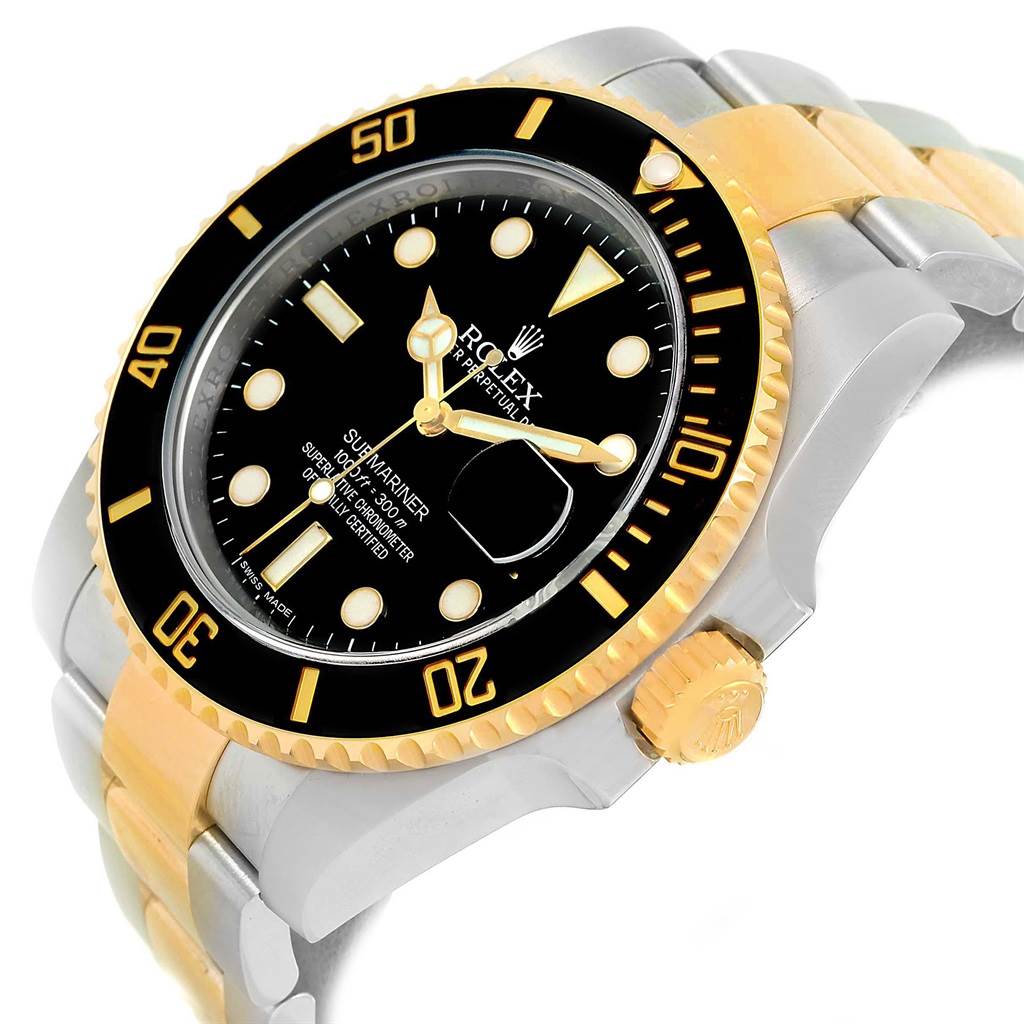 The Rolex Submariner 116613 Men
s Steel and Gold (two tone) Black Dial 116613 Men
s Steel and Gold (two tone) Black Dial watch is shown at an angled view, displaying the face, bezel, crown, and two-tone bracelet.
