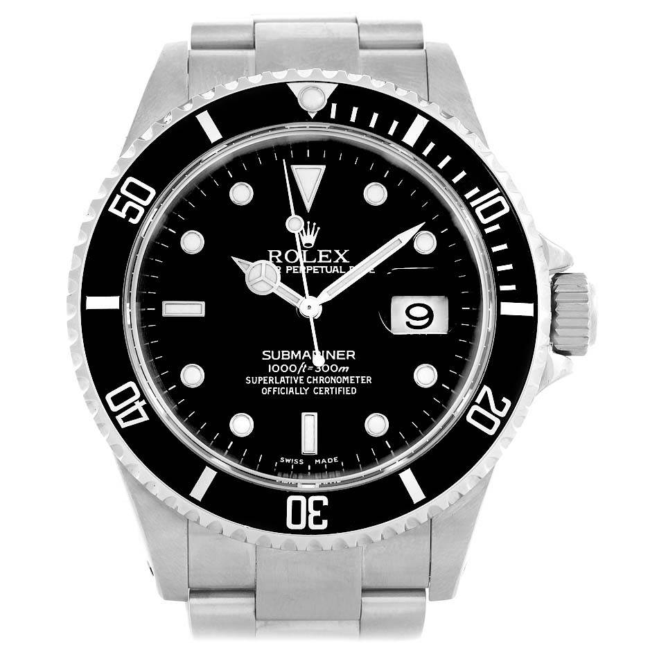The image shows a front view of the Rolex Submariner 16610 Men's Stainless Steel Black Dial 16610 Men's Stainless Steel Black Dial watch, displaying its dial, bezel, and bracelet.