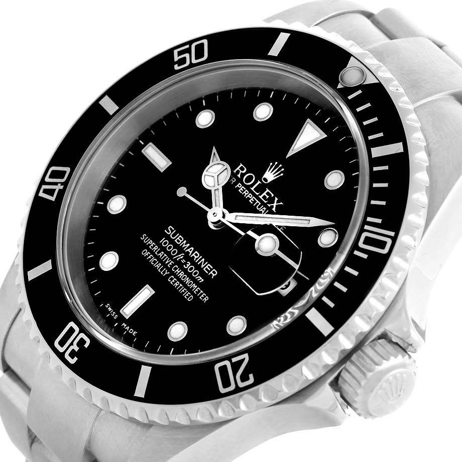 The image shows a close-up angle of the Rolex Submariner 16610 Men's Stainless Steel Black Dial 16610 Men's Stainless Steel Black Dial watch, focusing on the dial, bezel, and part of the bracelet.