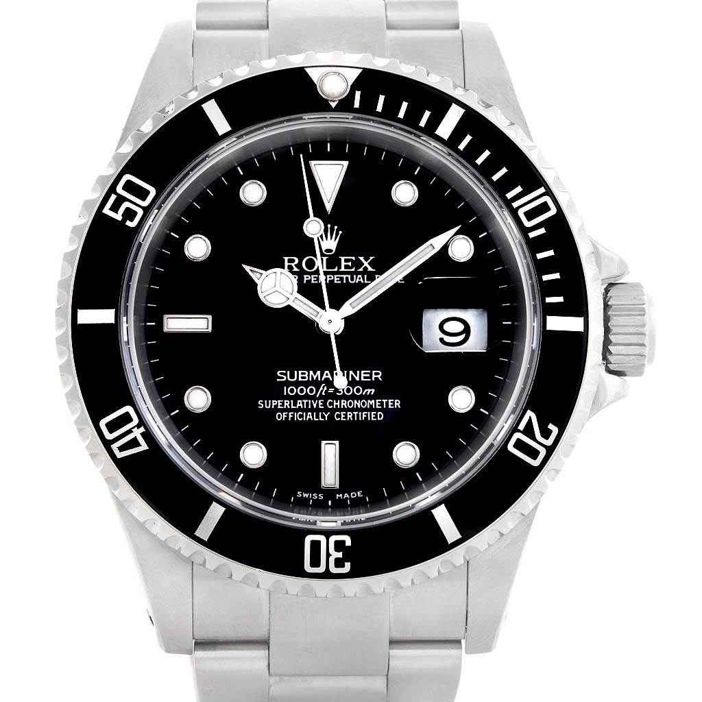 The image shows a close-up, front-facing view of a Rolex Submariner 16610 Men's Stainless Steel Black Dial 16610 Men's Stainless Steel Black Dial watch, highlighting its dial, bezel, and bracelet.
