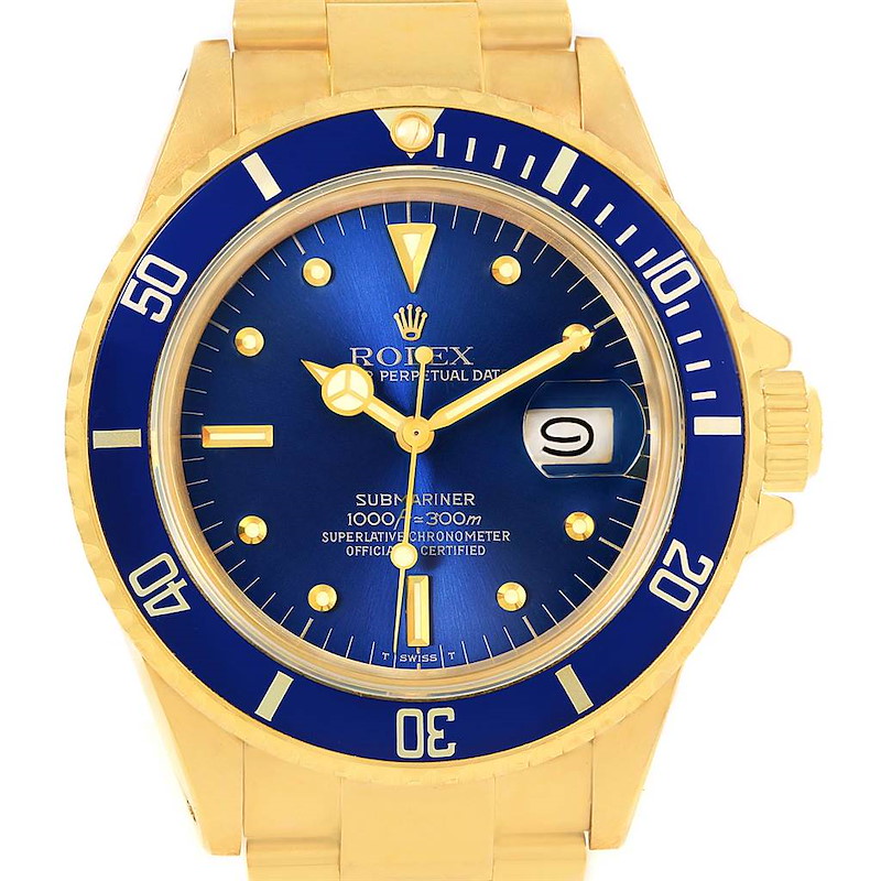 Rolex Submariner 18K Yellow Gold Blue Dial Mens Watch 16808 SwissWatchExpo