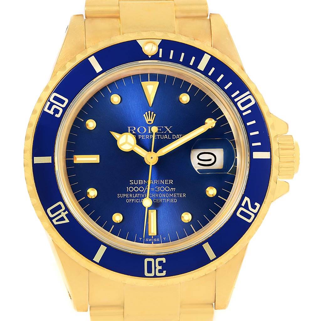 Rolex Submariner 18K Yellow Gold Blue Dial Mens Watch 16808