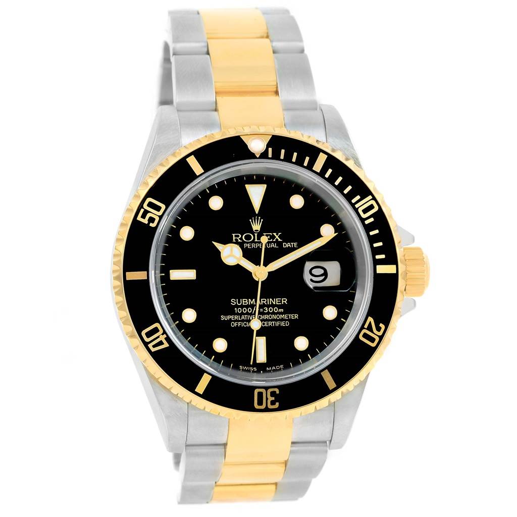 This image shows a front view of a Rolex Submariner 16613 Men
s Steel and Gold (two tone) Black Dial 16613 Men
s Steel and Gold (two tone) Black Dial watch, highlighting its dial, bezel, and bracelet.
