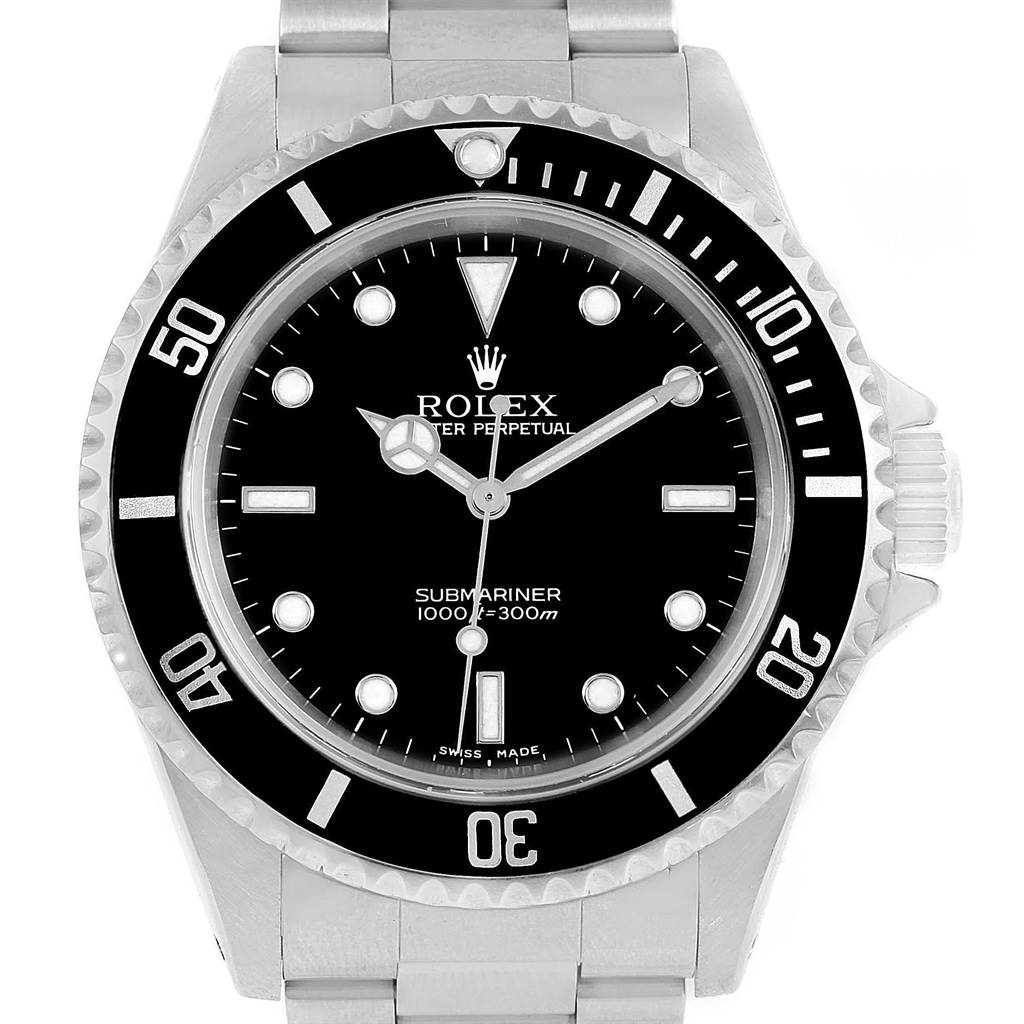 The image shows a front view of a Rolex Submariner 14060 Men
s Stainless Steel Black Dial 14060 Men
s Stainless Steel Black Dial watch, displaying its face, bezel, and part of the bracelet.
