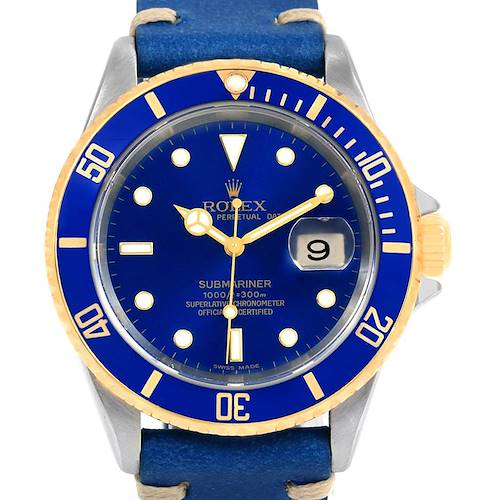 Photo of Rolex Submariner Steel 18K Yellow Gold Blue Strap Mens Watch 16613