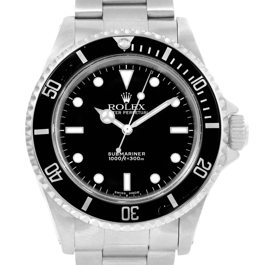 This image shows a front-facing angle of a Rolex Submariner 14060 Men's Stainless Steel Black Dial 14060 Men's Stainless Steel Black Dial watch, highlighting its black dial, bezel, and stainless steel bracelet.