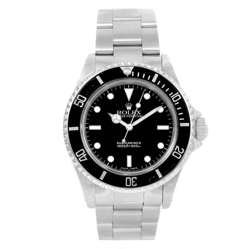 This image shows a front view of a Rolex Submariner 14060 Men's Stainless Steel Black Dial 14060 Men's Stainless Steel Black Dial watch with a stainless steel bracelet and black dial.