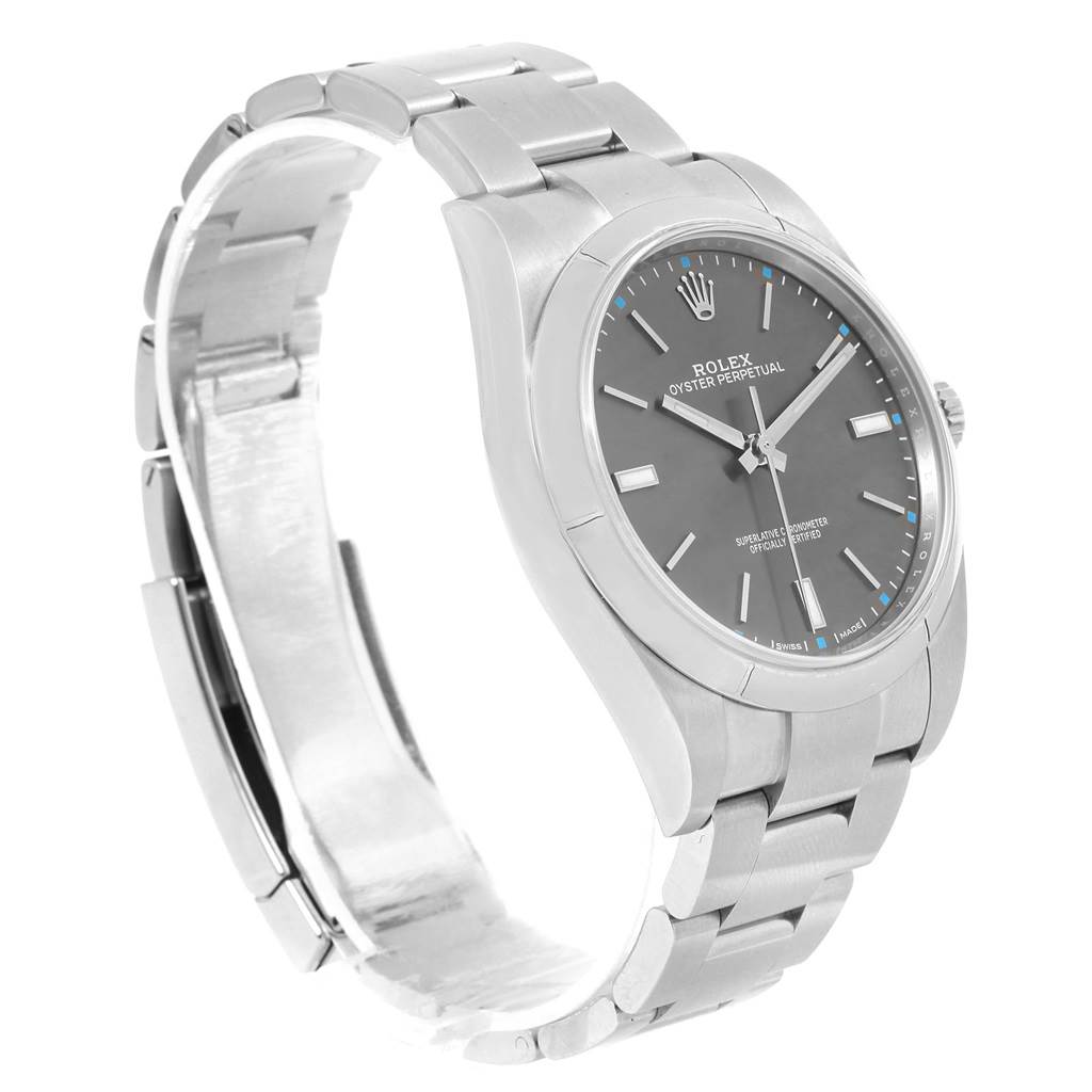 This image shows a side view of a Rolex Oyster Perpetual watch with its bracelet and clasp fully extended.