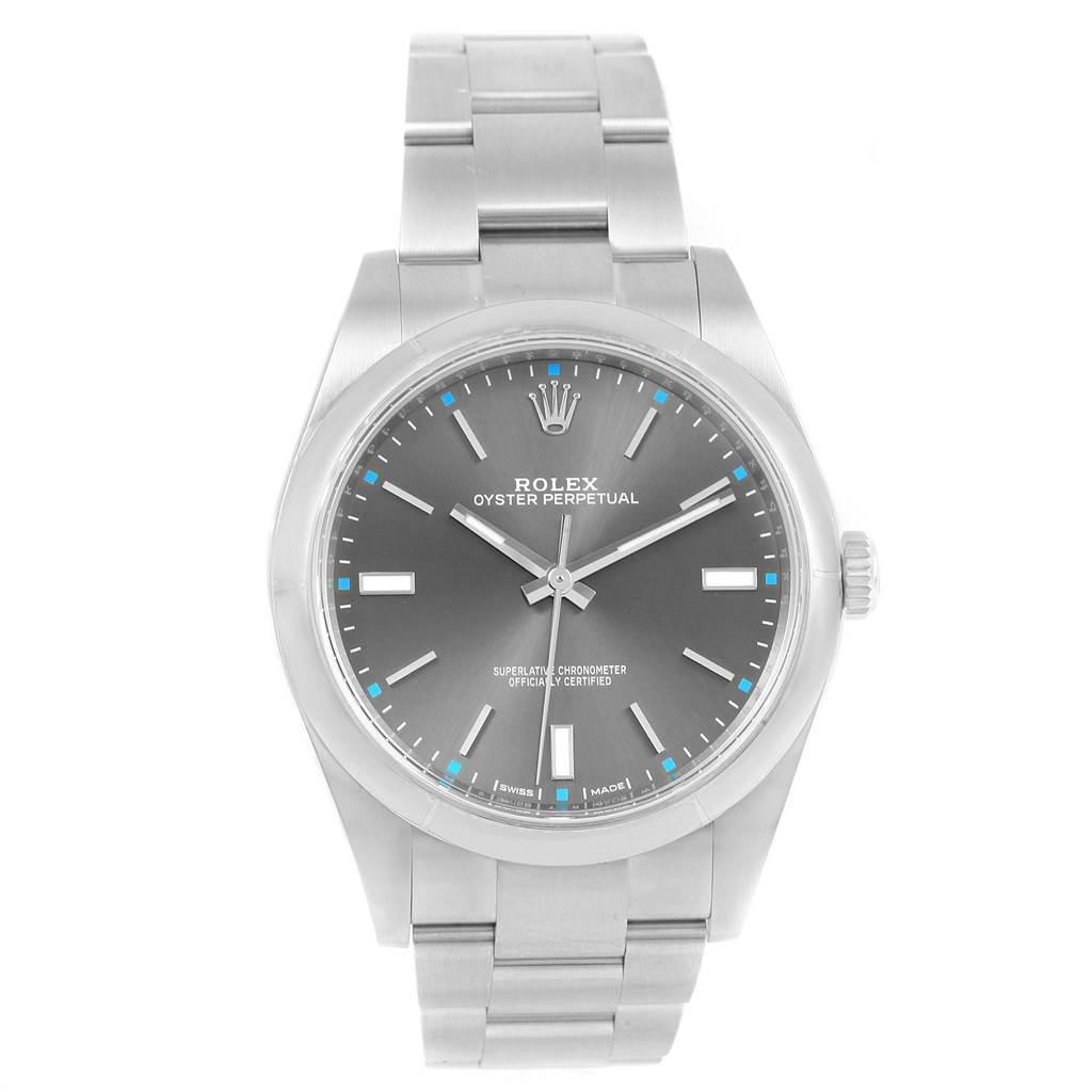 This image shows a front view of a Rolex Submariner 114300 Men's Stainless Steel Grey Dial 114300 Men's Stainless Steel Grey Dial watch, displaying its dial, case, and bracelet.