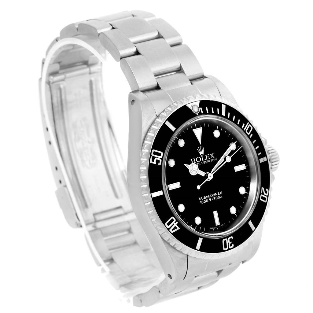 This image shows a Rolex Submariner 14060 Men
s Stainless Steel Black Dial 14060 Men
s Stainless Steel Black Dial watch angled to display the face, bezel, and a portion of the metal bracelet.