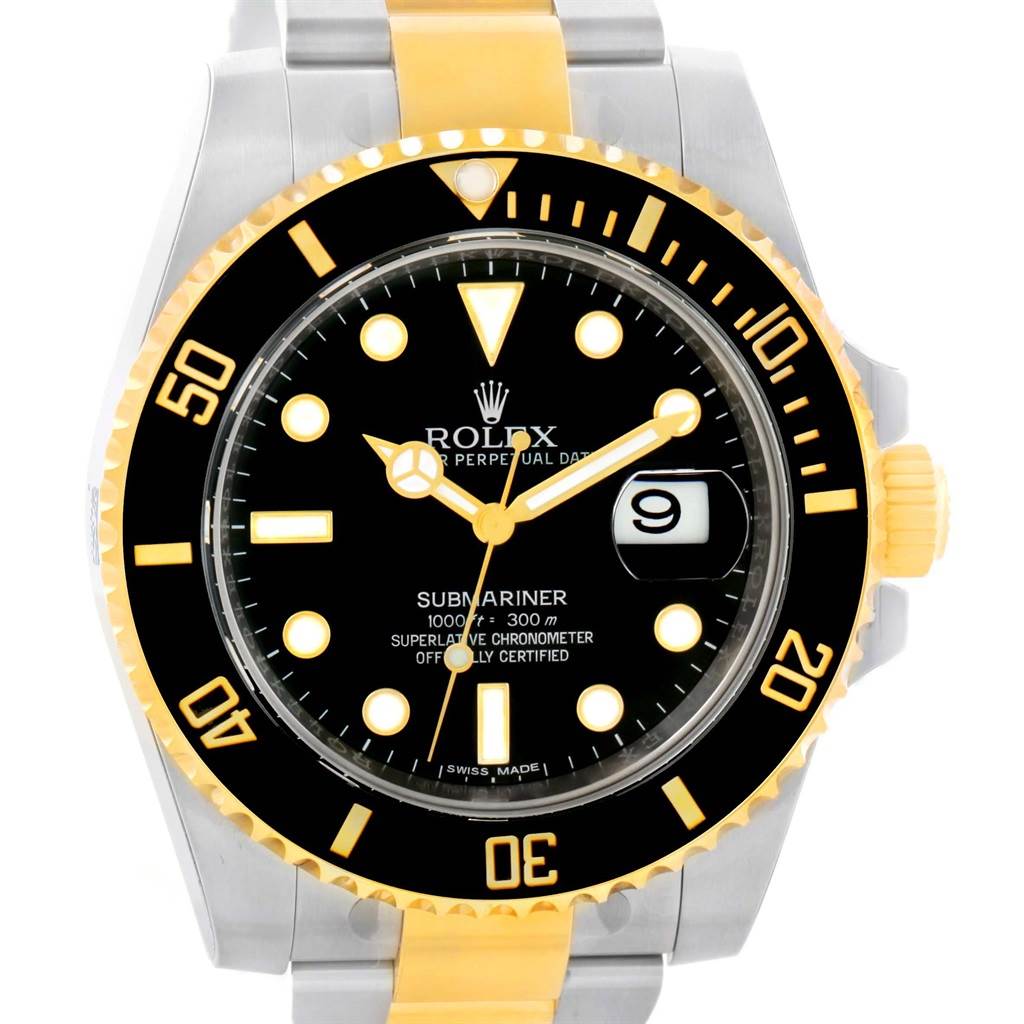 This image shows a front view of a Rolex Submariner 116613 Men
s Steel and Gold (two tone) Black Dial 116613 Men
s Steel and Gold (two tone) Black Dial, displaying the bezel, dial, hands, markers, crown, and part of the bracelet.