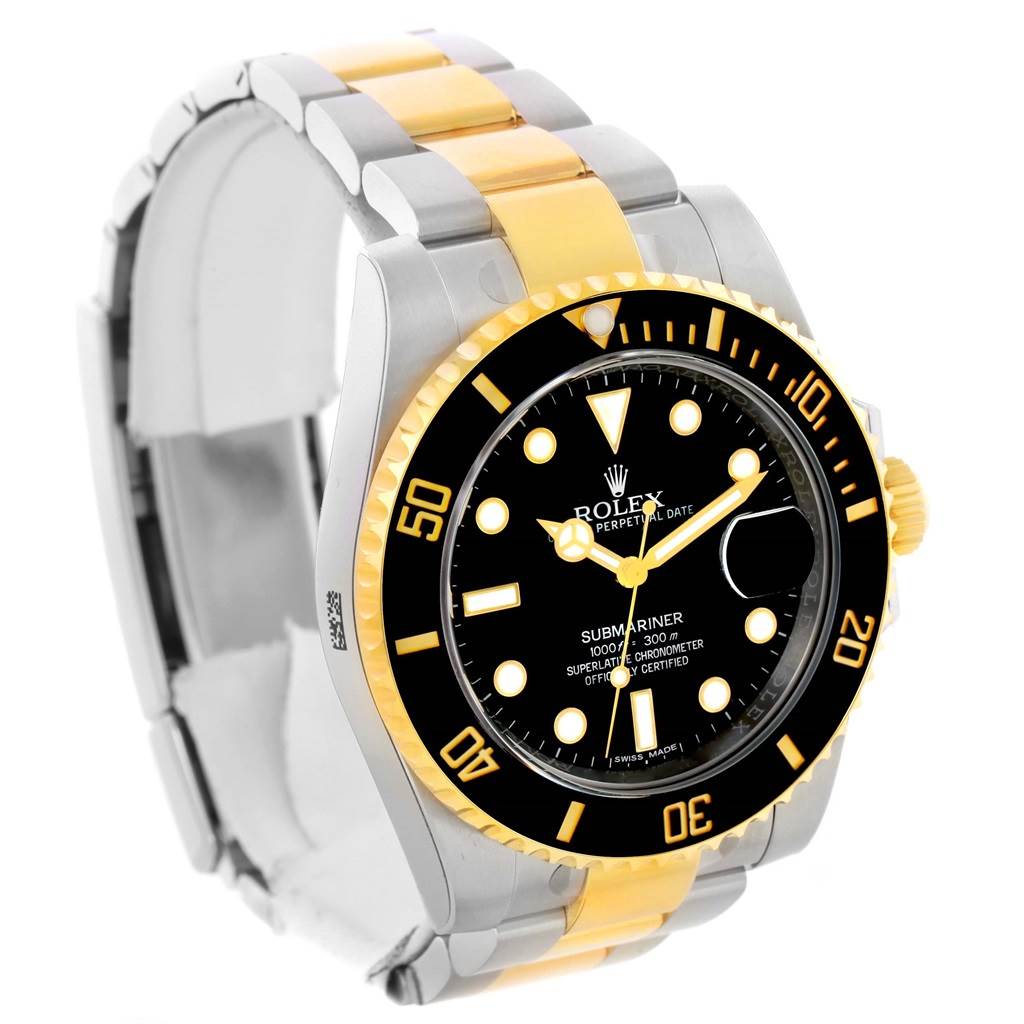 This image shows a Rolex Submariner 116613 Men
s Steel and Gold (two tone) Black Dial 116613 Men
s Steel and Gold (two tone) Black Dial watch at a three-quarter angle, highlighting the bezel, dial, and two-tone bracelet.