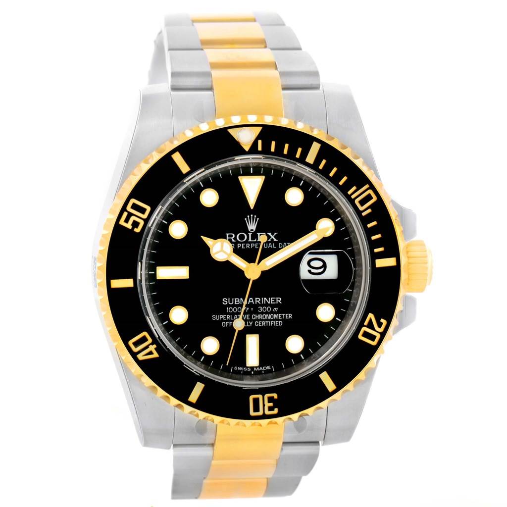 The image shows a front view of a Rolex Submariner 116613 Men
s Steel and Gold (two tone) Black Dial 116613 Men
s Steel and Gold (two tone) Black Dial watch, displaying the dial, bezel, and bracelet.