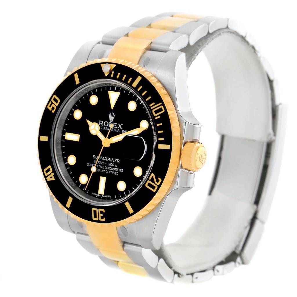 The Rolex Submariner 116613 Men
s Steel and Gold (two tone) Black Dial 116613 Men
s Steel and Gold (two tone) Black Dial watch is shown in a three-quarter angle, displaying the dial, bezel, and gold and silver bracelet.
