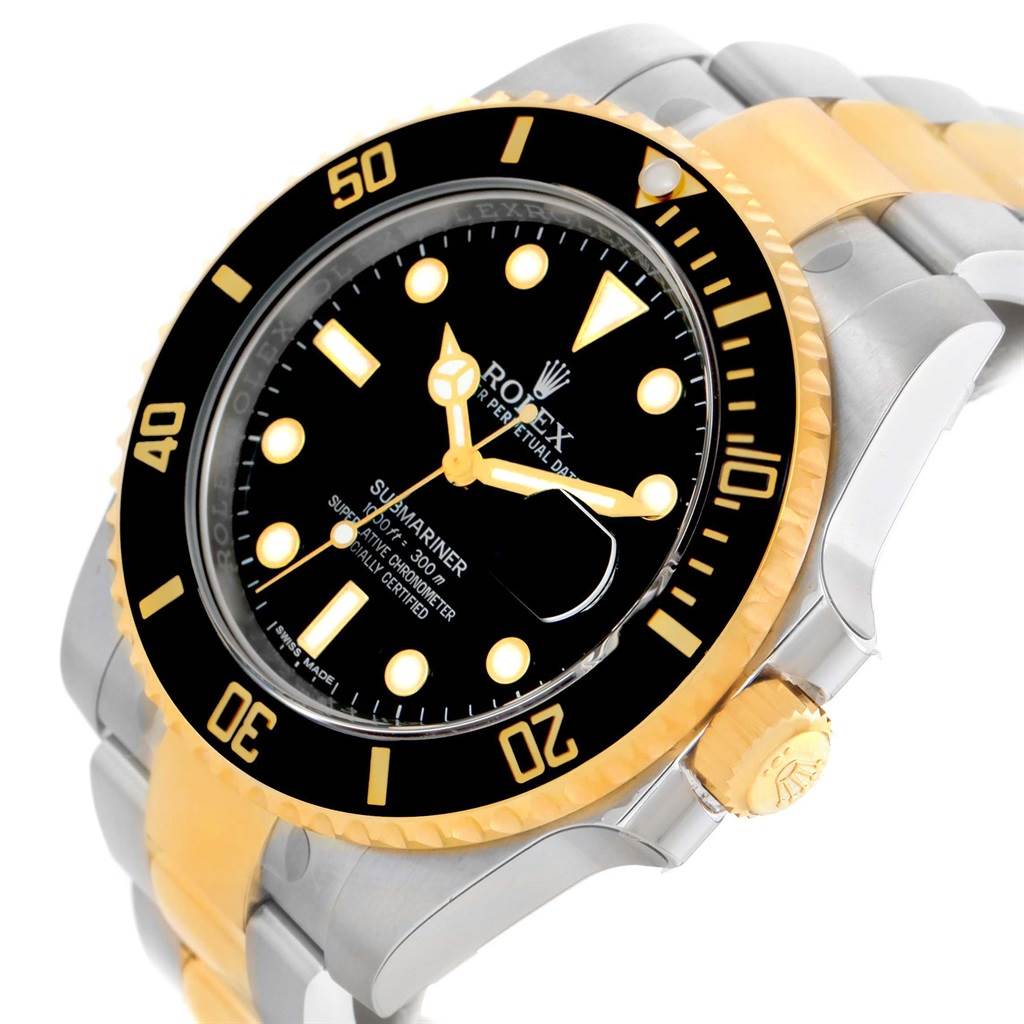 This image shows a Rolex Submariner 116613 Men
s Steel and Gold (two tone) Black Dial 116613 Men
s Steel and Gold (two tone) Black Dial watch at an angle highlighting the bezel, dial, crown, and bracelet.