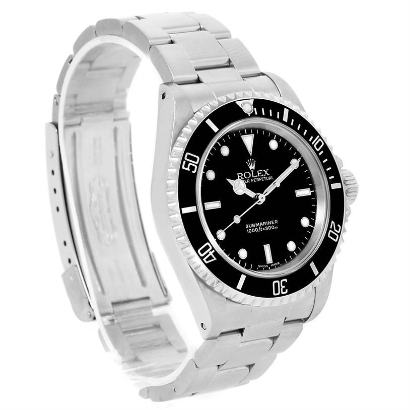 The image shows a side angle of a Rolex Submariner 14060 Men's Stainless Steel Black Dial 14060 Men's Stainless Steel Black Dial watch, highlighting the watch face and bracelet.