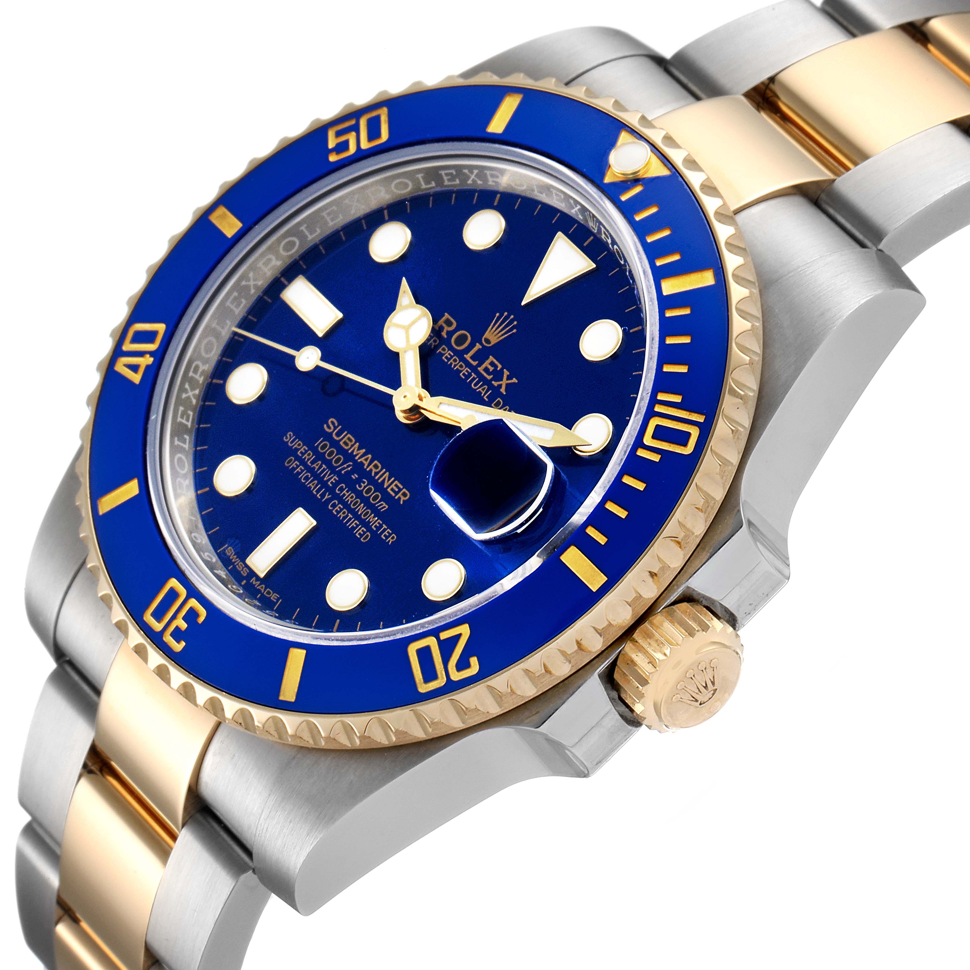 The image shows a close-up angle of the bezel, crown, bracelet, and dial of the Rolex Submariner 116613 Men's Steel and Gold (two tone) Blue Dial 116613 Men's Steel and Gold (two tone) Blue Dial watch.