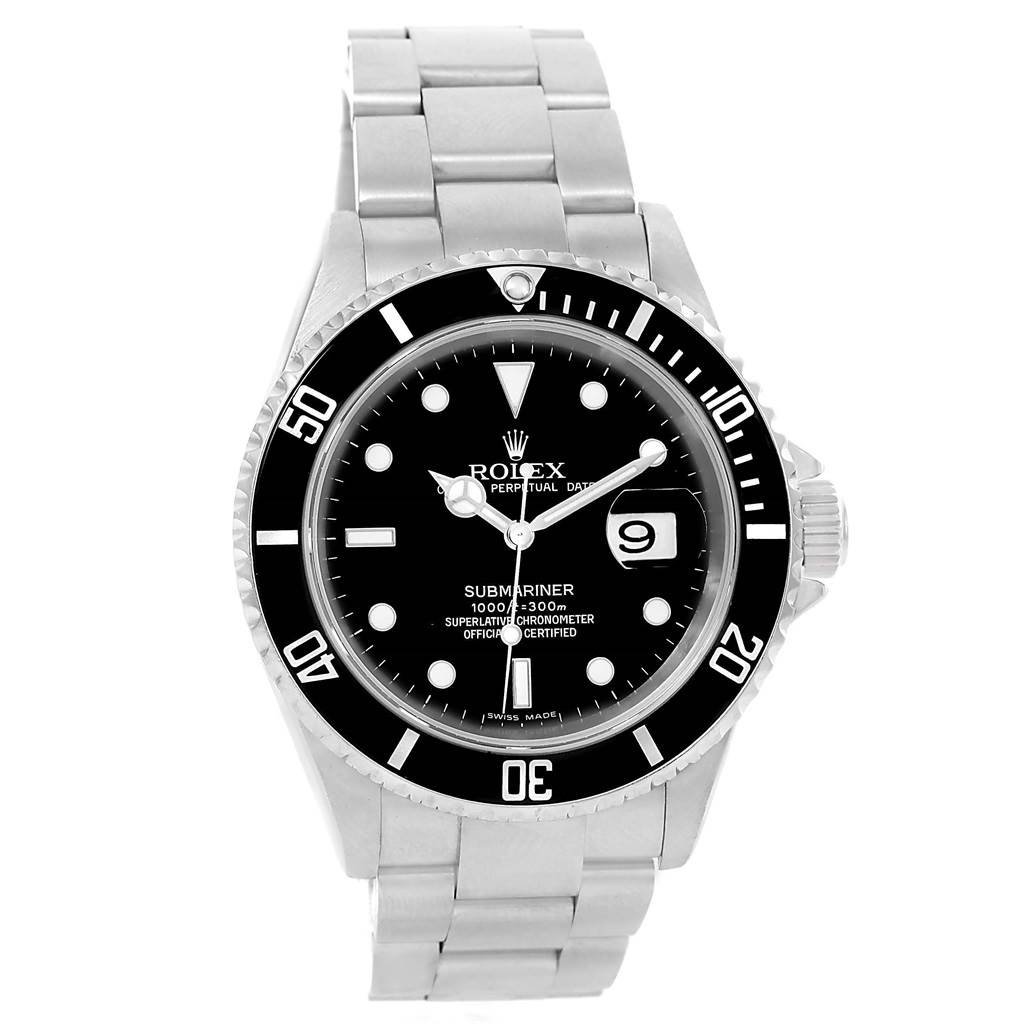 The image shows a front view of a Rolex Submariner 16610 Men's Stainless Steel Black Dial 16610 Men's Stainless Steel Black Dial watch, highlighting its dial, bezel, bracelet, and crown.
