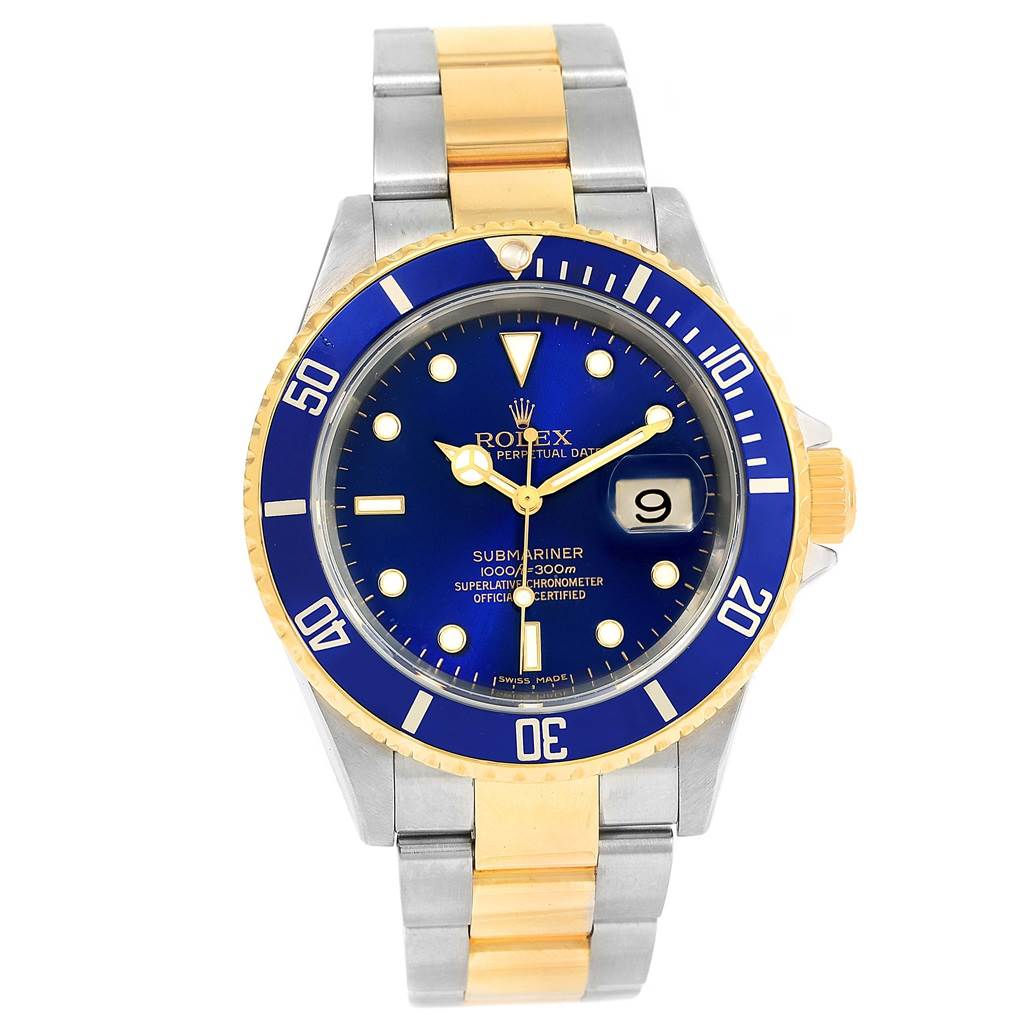 This is a front view of the Rolex Submariner 16613 Men's Steel and Gold (two tone) Blue Dial 16613 Men's Steel and Gold (two tone) Blue Dial watch, showcasing its blue dial, gold bezel, and two-tone bracelet.