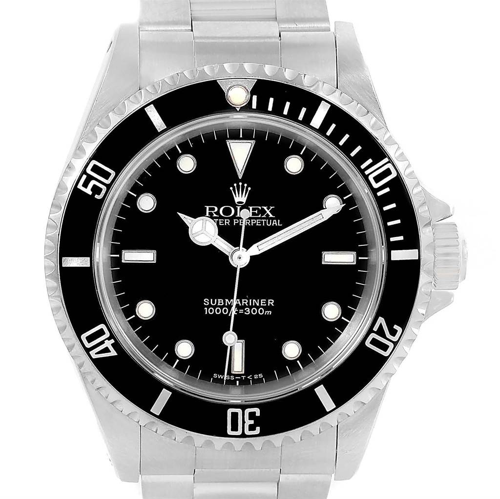 This image shows a frontal view of a Rolex Submariner 14060 Men's Stainless Steel Black Dial 14060 Men's Stainless Steel Black Dial watch, highlighting the dial, bezel, and bracelet.