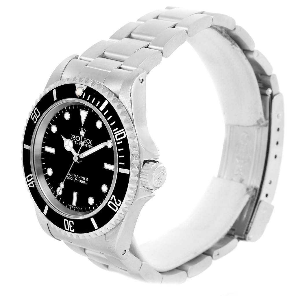 The image shows a side view of a Rolex Submariner 14060 Men's Stainless Steel Black Dial 14060 Men's Stainless Steel Black Dial, featuring its dial, bezel, and bracelet.