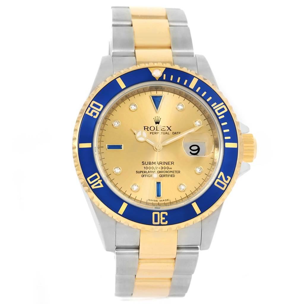 The image shows a front view of the Rolex Submariner 16613 Men's Steel and Gold (two tone) Champagne Dial 16613 Men's Steel and Gold (two tone) Champagne Dial watch, highlighting its blue bezel, gold dial, and two-tone bracelet.