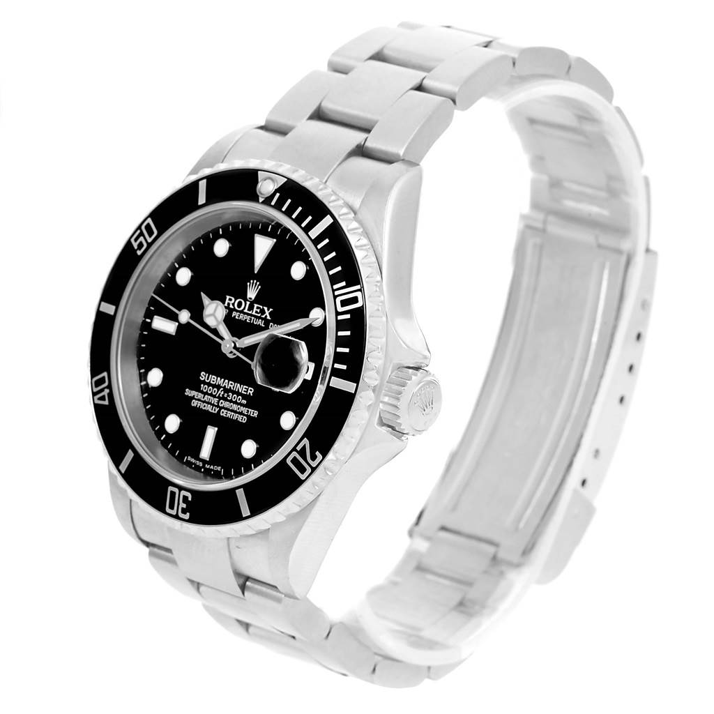 The image shows a Rolex Submariner 16610 Men's Stainless Steel Black Dial 16610 Men's Stainless Steel Black Dial watch from a 3/4 angled view, highlighting its face, bezel, and bracelet.