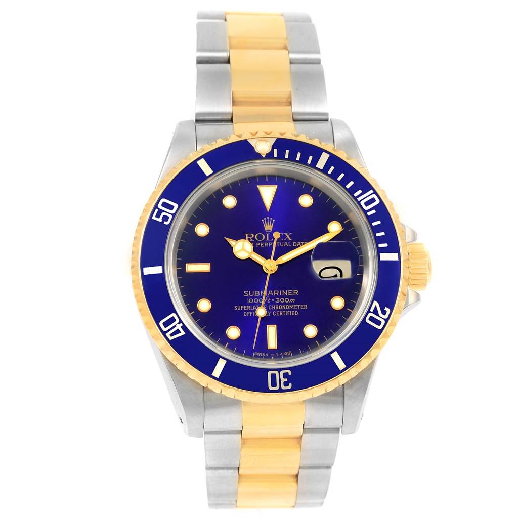 The image shows a frontal view of a Rolex Submariner 16613 Men's Steel and Gold (two tone) Blue Dial 16613 Men's Steel and Gold (two tone) Blue Dial watch with a blue dial, gold accents, and a two-tone metal strap.