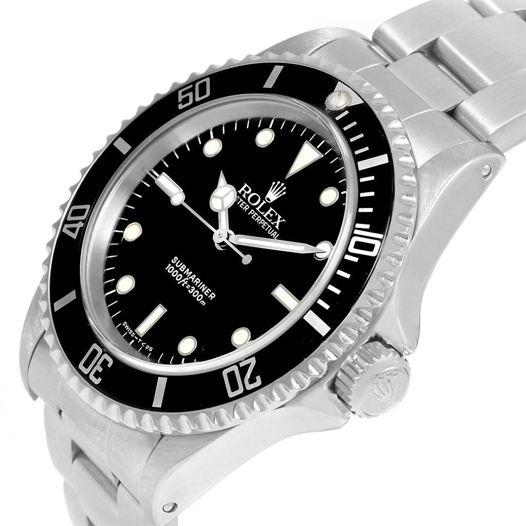 This image shows the dial, bezel, crown, and part of the bracelet of a Rolex Submariner 14060 Men's Stainless Steel Black Dial 14060 Men's Stainless Steel Black Dial watch at an angled side view.